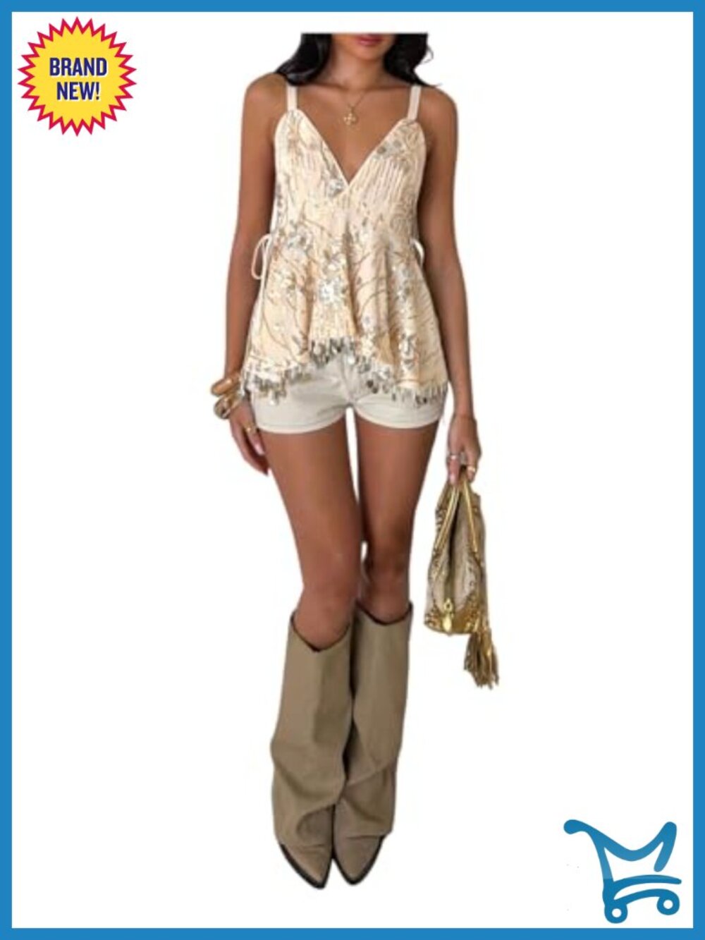 Sequin Camisole Peplum Top V Neck Sleeveless Tie Side Babydoll
